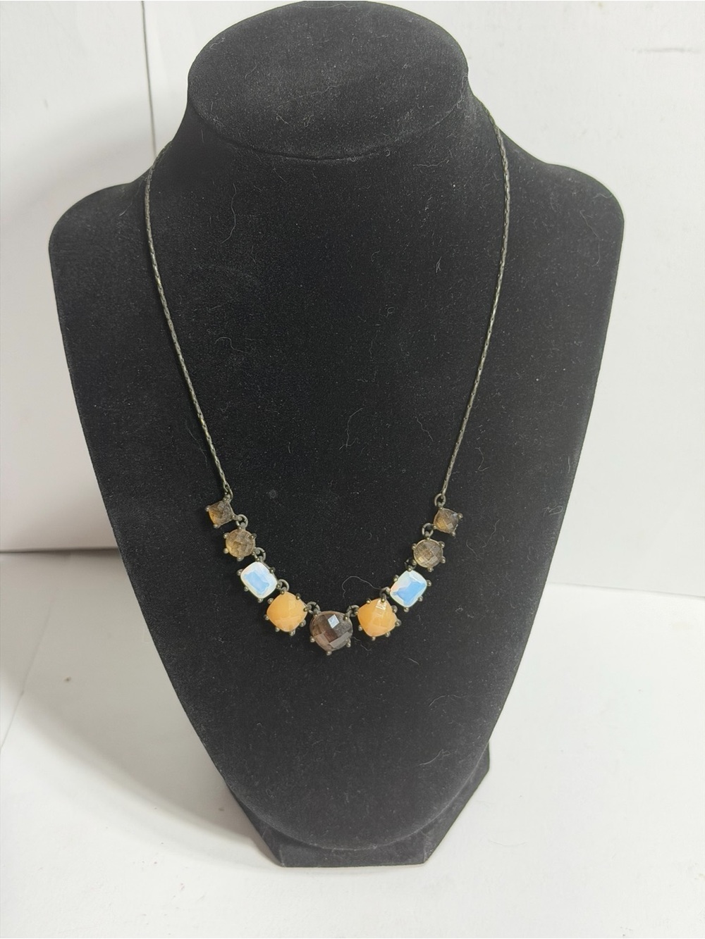 Vintage Avon Faceted Rhinestone Opalite Faux Amber Collar Necklace Dark Chain